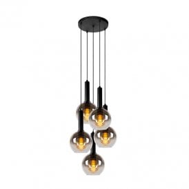 Lucide Marius 5 Light Cascade Pendant In Black Finish With Smoked Glass