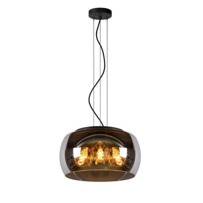 Lucide  Olivia 3 Light Ceiling Pendant With Smoked Grey Glass