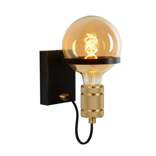 Lucide Ottelien Single Light Wall Fitting In Black & Brass Finish