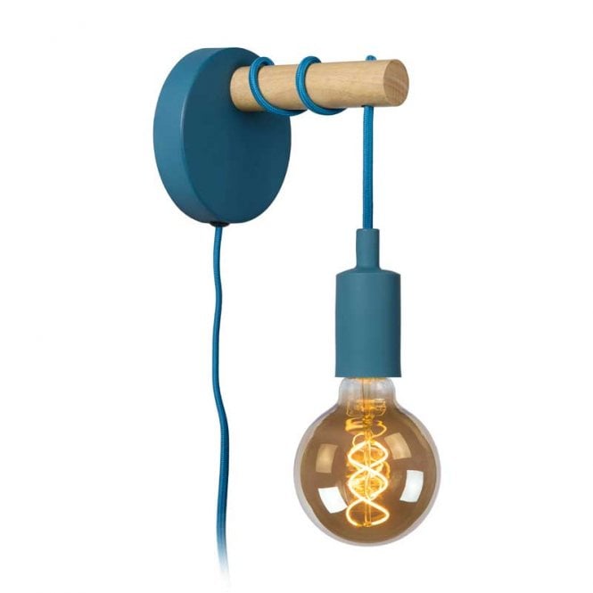 Lucide  Paulien Single Light Metal Wall Fitting with Plug in Blue Finish with Wood Detail