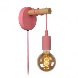 Lucide Paulien Single Light Metal Wall Fitting with Plug in Pink Finish with Wood Detail