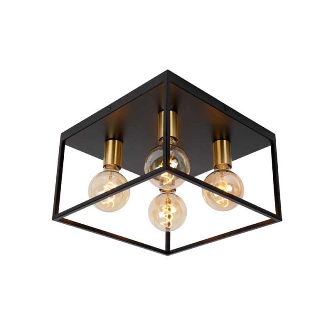 Lucide  Ruben 4 Light Square Flush Ceiling Light In Black & Gold Finish