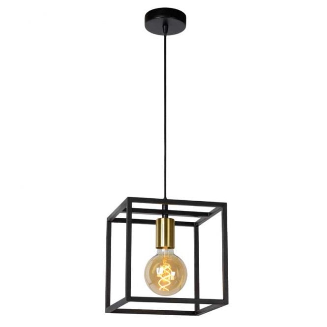 Lucide  Ruben Single Light Ceiling Pendant In Black & Gold Finish