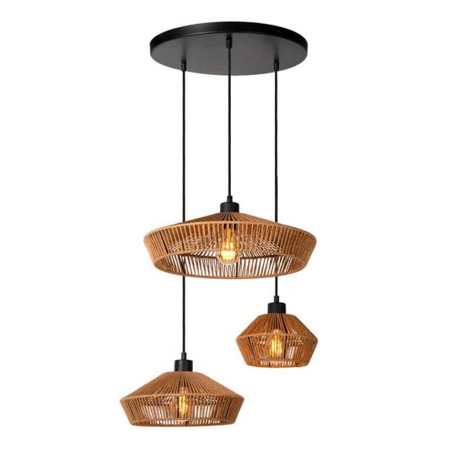 Lucide  Yunkai 3 Light Cluster Pendant In Black And Rattan Finish
