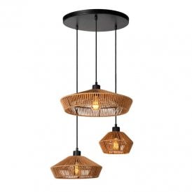 Lucide Yunkai 3 Light Cluster Pendant In Black And Rattan Finish