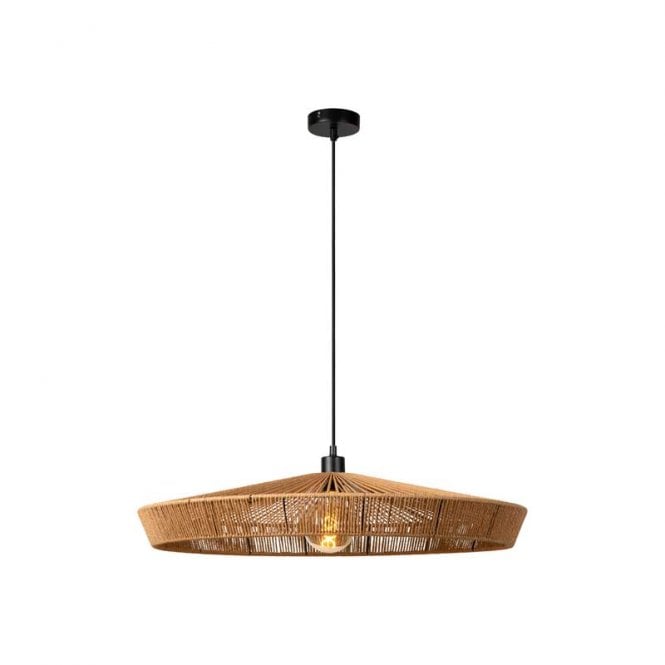 Lucide  Yunkai Single Light Large Pendant In Black And Light Wood Finish
