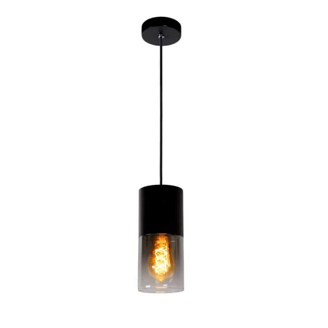 Lucide  Zino Single Light Ceiling Pendant in Satin Black Finish With Smoked Glass Shade