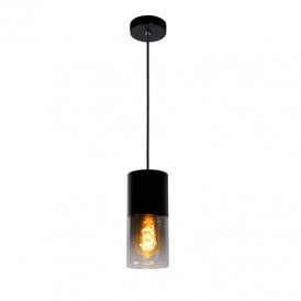 Lucide Zino Single Light Ceiling Pendant in Satin Black Finish With Smoked Glass Shade
