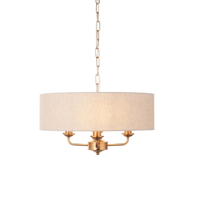 Luxia Bampton 3 Arm Ceiling Pendant Light - Vintage Brass & Natural Linen Shade