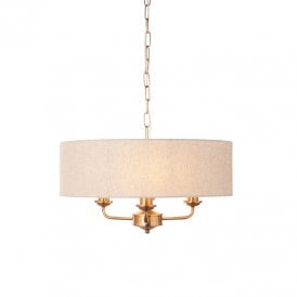 Bampton 3 Arm Ceiling Pendant Light - Vintage Brass & Natural Linen Shade
