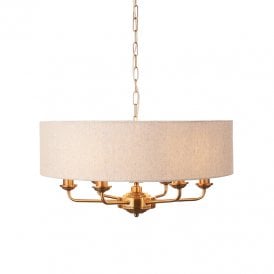 Bampton 6 Arm Ceiling Pendant Light - Vintage Brass & Natural Linen Shade