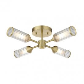 Flute 4 Arm Glass Semi-Flush Ceiling Light - Satin Brass