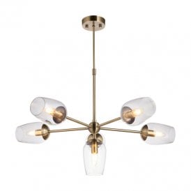 Mells 6 Arm Glass Ceiling Pendant Light - Antique Brass