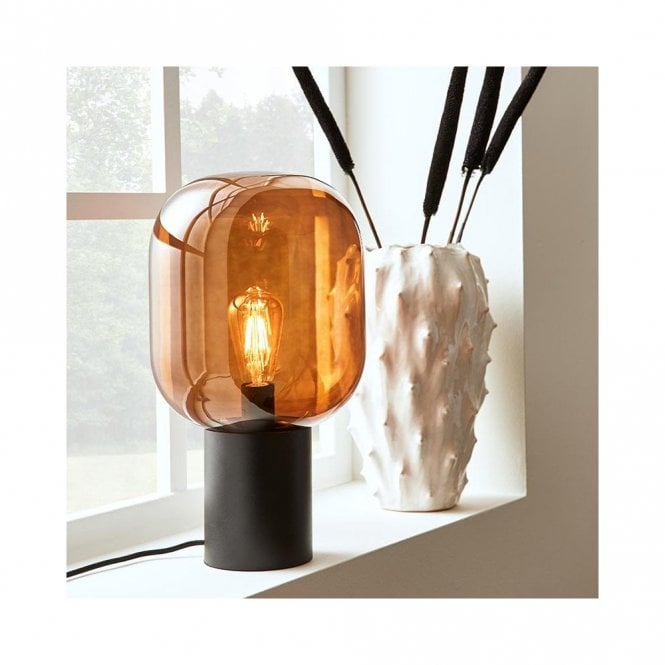 Markslojd 400378 Brooklyn Glass Table Lamp In Black Finish With Smokey Amber Glass Shade