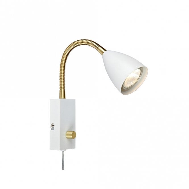 Markslojd 46086 Ciro Single Light Flex Reading Light In White Finish with Brass Detail and Plug