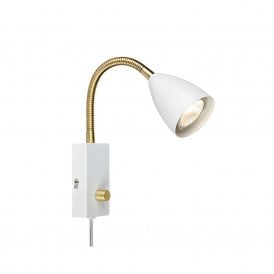 46086 Ciro Single Light Flex Reading Light In White Finish with Brass Detail and Plug
