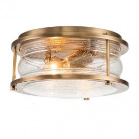 Ashland Bay 2 Light  Bathroom Flush Ceiling Fitting In Natural Brass Finish with Clear Seeded Glass