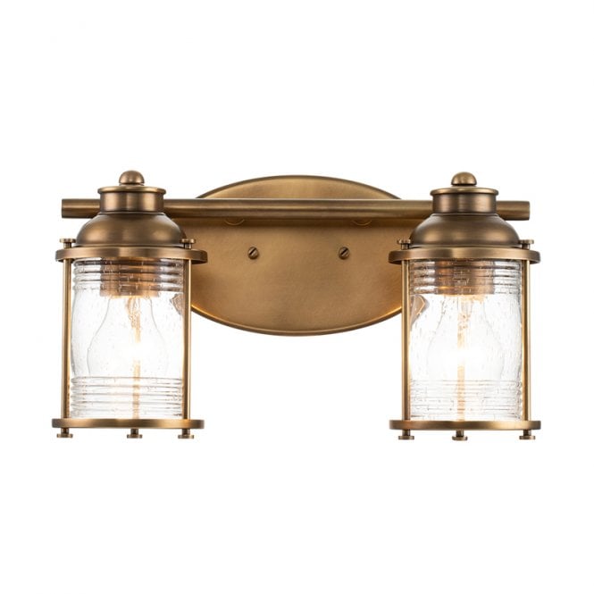 Quintiesse Ashland Bay 2 Light Bathroom Wall Fitting In Natural Brass Finish with Clear Seeded Glass