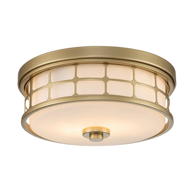 Quoizel  Guardian 2 Light Flush Bathroom Ceiling Fitting in Natural Brass Finish with White Opal Glass