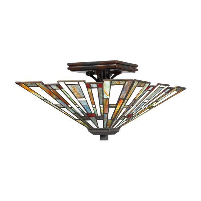 Quoizel Maybeck 2 Light Tiffany Style Flush Ceiling Fitting In Valiant Bronze And Tiffany Shade