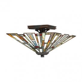 Quoizel Maybeck 2 Light Tiffany Style Flush Ceiling Fitting In Valiant Bronze And Tiffany Shade