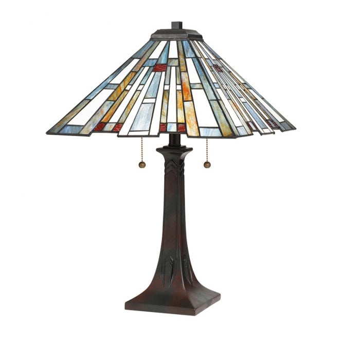 Quoizel  Maybeck 2 Light Tiffany Style Table Lamp In Valiant Bronze Finish And Tiffany Shade