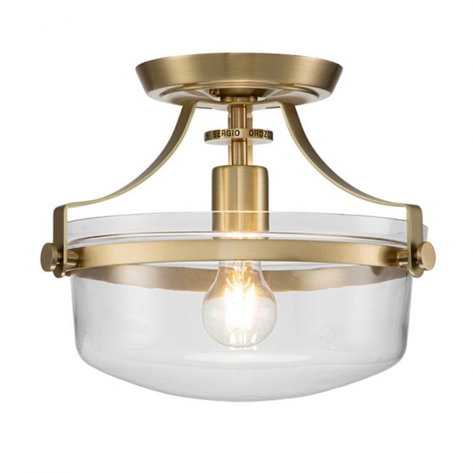 Quoizel Penn Station Single Light Semi Flush Ceiling Light In Brushed Brass Finish With Clear Glass
