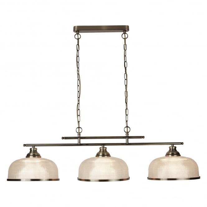 Searchlight Lighting 3593-3AB Bistro II, 3 Light Ceiling Bar Pendant In Antique Brass Finish With Halophane Glass Shades