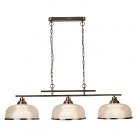 3593-3AB Bistro II, 3 Light Ceiling Bar Pendant In Antique Brass Finish With Halophane Glass Shades