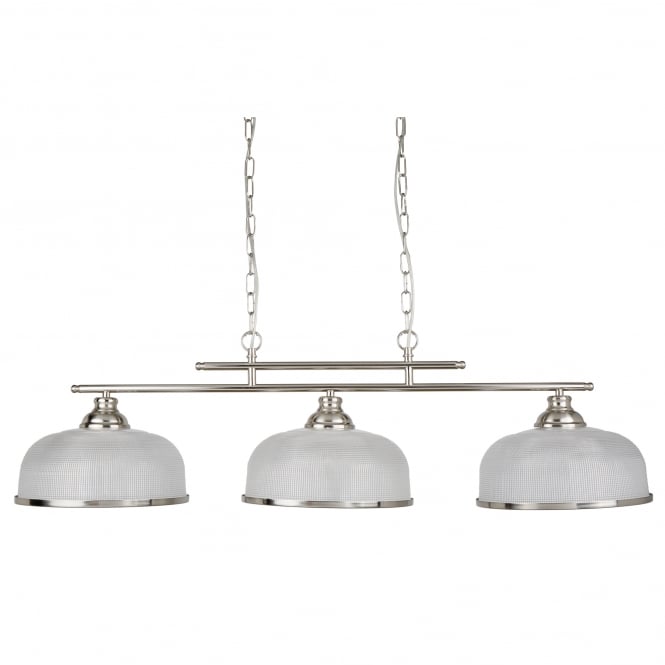 Searchlight Lighting 3593-3SS Bistro II 3 Light Ceiling Bar Pendant In Satin Silver Finish With Halophane Glass Shades