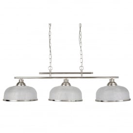 3593-3SS Bistro II 3 Light Ceiling Bar Pendant In Satin Silver Finish With Halophane Glass Shades