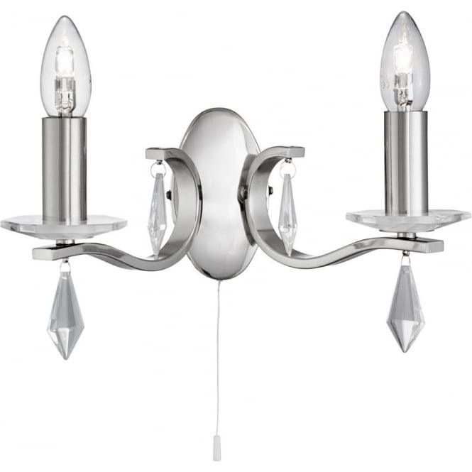 Searchlight Lighting 3902-2SS Royale 2 Light Wall Fitting In Satin Silver Finish With Hexagonal Glass Sconces