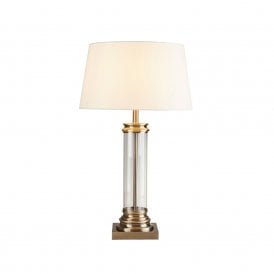 400615 Searchlight Pedestal Single Light Table Lamp in Antique Brass Finish With Cream Fabric Shade