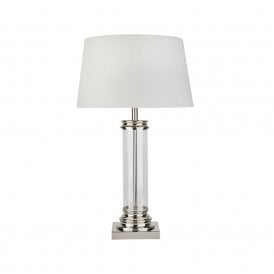 400637 Pedestal Single Light Table Lamp With Clear Glass & Satin Silver Base And Cream Shade