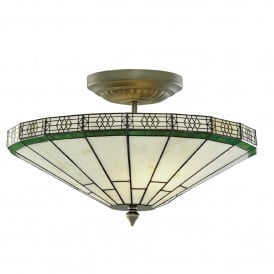 4417-17 New York 2 Light Semi-Flush Ceiling Fitting In Antique Brass Finish With Weathered Tiffany Glass