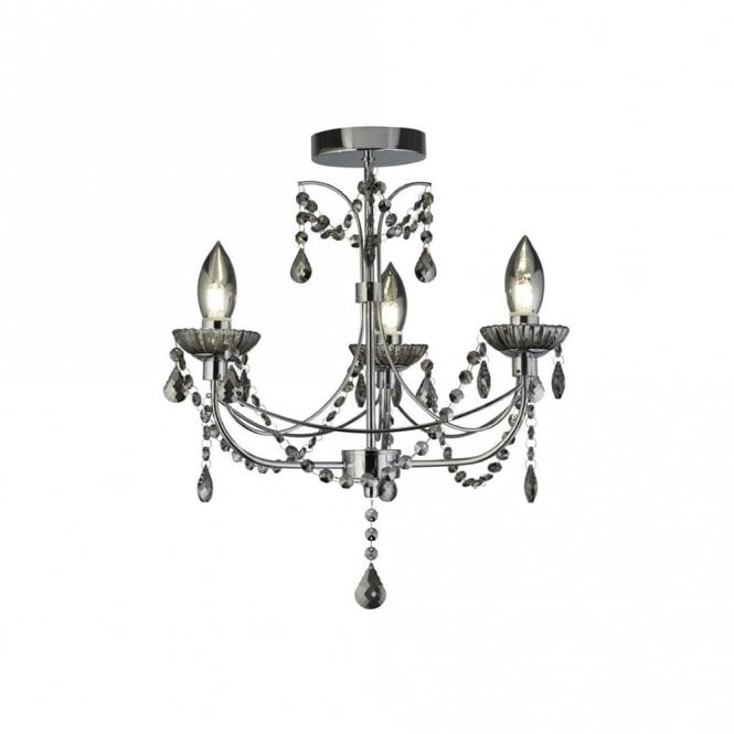 Searchlight Lighting 46494 Luna 3 Light Semi-Flush Bathroom Chandelier Ceiling Fitting In Polished Chrome Finish With Smoked Glass