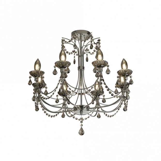 Searchlight Lighting 46496 Luna 8 Light Semi-Flush Bathroom Chandelier Ceiling Fitting In Polished Chrome Finish With Smoked Glass