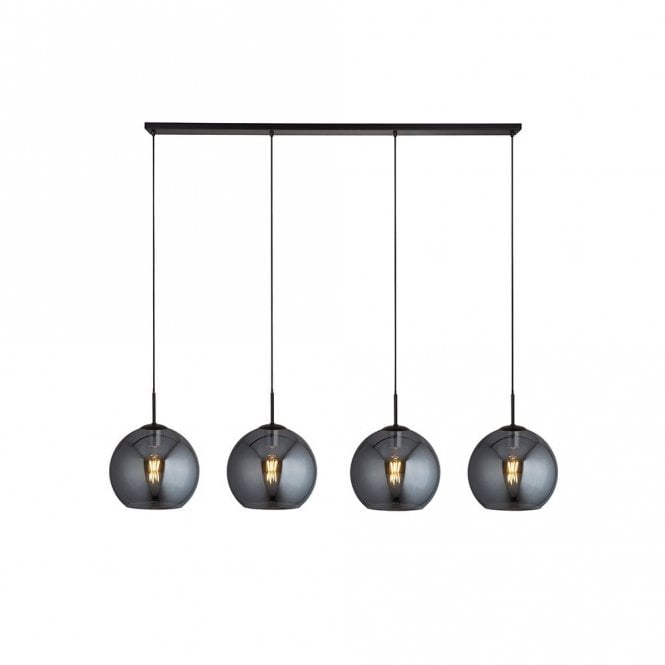 Searchlight Lighting 47613 Searchlight Amsterdam Glass 4 Light Bar Ceiling Pendant in Black Finish With Smoked Glass Shades