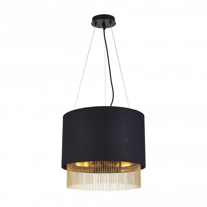 Searchlight Lighting 8723-3BK Fringe 3 Light Ceiling Pendant in Black with Gold Detail