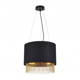 8723-3BK Fringe 3 Light Ceiling Pendant in Black with Gold Detail