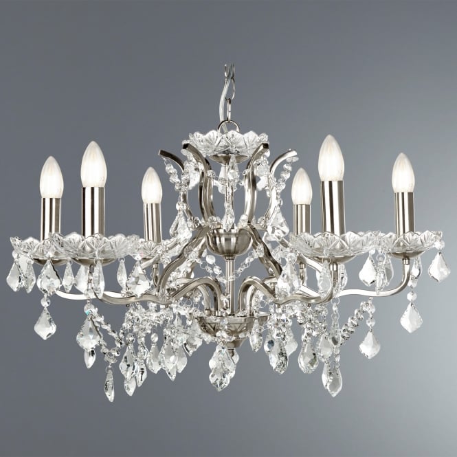 Searchlight Lighting 8736-6SS Paris 6 Light Ceiling Chandelier in Satin Silver Finish With Clear Glass Crystal Drops & Trim
