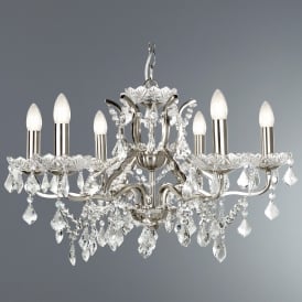 8736-6SS Paris 6 Light Ceiling Chandelier in Satin Silver Finish With Clear Glass Crystal Drops & Trim