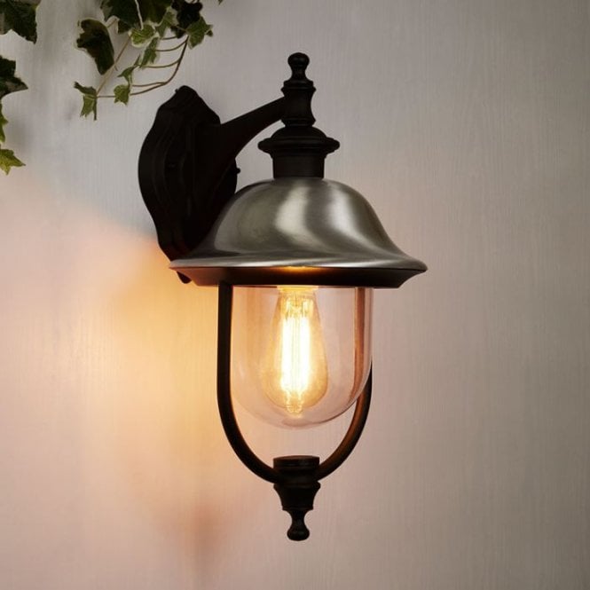 Searchlight Lighting Evolve Single Light Outdoor Hanging Wall Lantern Light In Black Finish with Stainless Steel Top