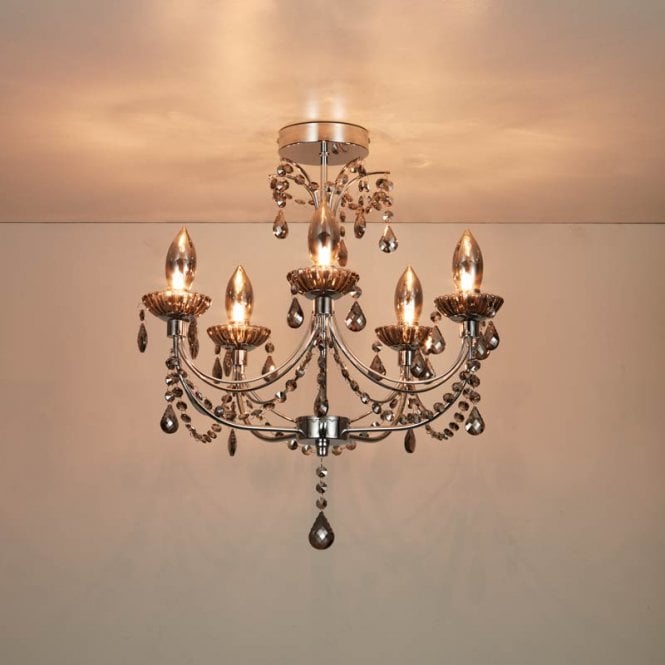 Searchlight Lighting Luna 5 Light Semi-Flush Bathroom Chandelier Ceiling Fitting In Polished Chrome Finish With Smoked Glass