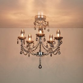 Luna 5 Light Semi-Flush Bathroom Chandelier Ceiling Fitting In Polished Chrome Finish With Smoked Glass