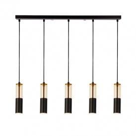 Merrygold 5 Light Bar Ceiling Pendant In Matt Black & Amber Finish