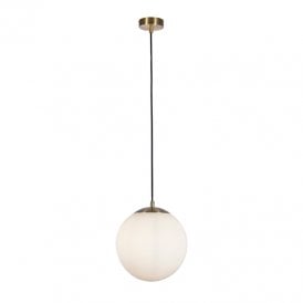 Searchlight Atom II  Single Light Medium Ceiling Pendant In Satin Brass Finish & Opal Glass