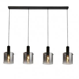 Searchlight Sweden Smoked Glass 4 Light Bar Ceiling Pendant In Matt Black Finish