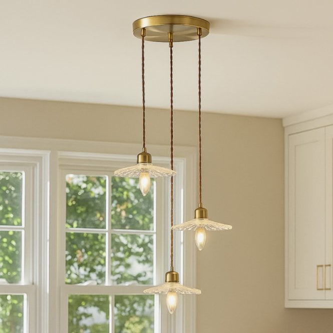 Wisteria  Notting Clear Glass 3 Light Cluster Ceiling Pendant - Antique Brass